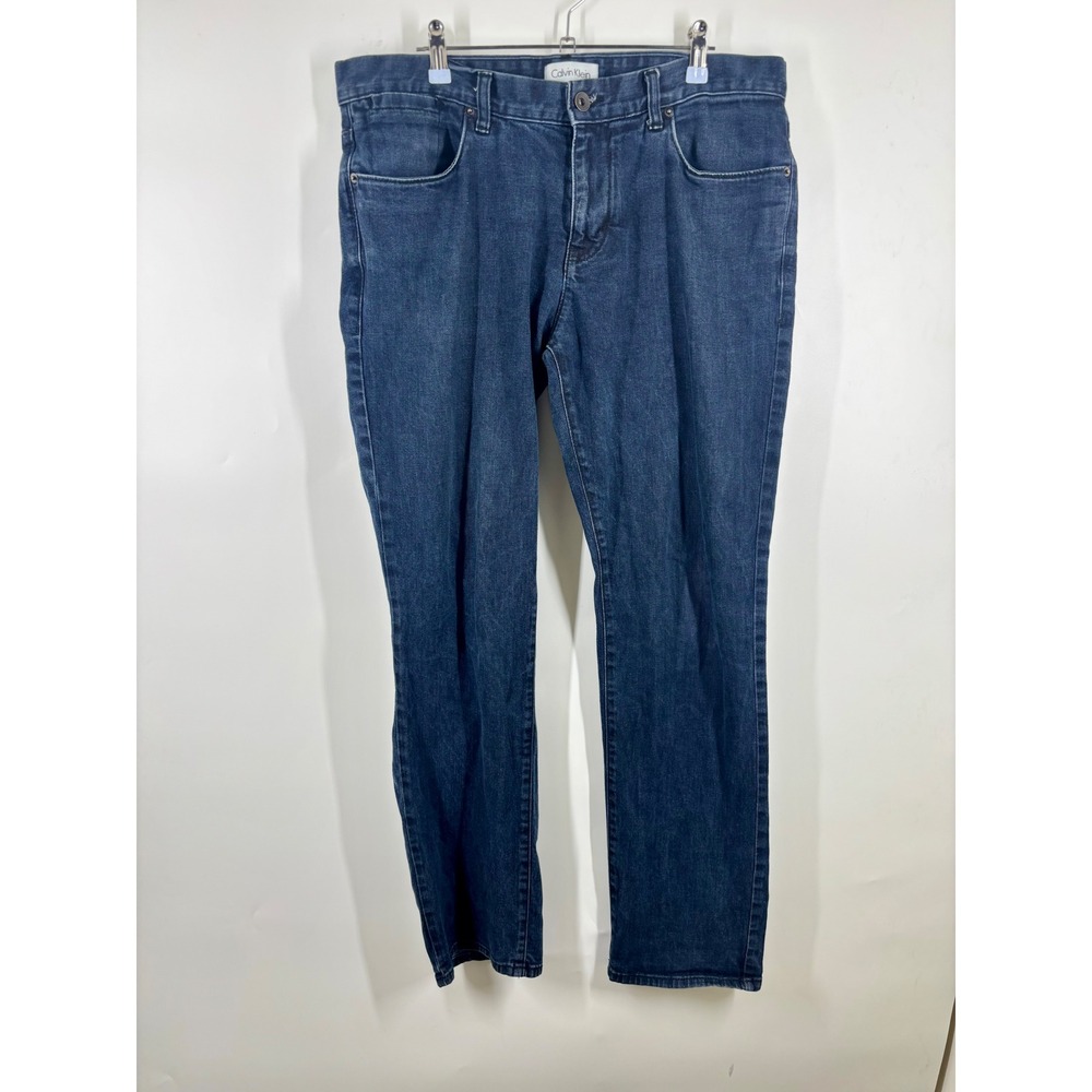 Calvin Klein Mens Straight Leg Jeans Dark Wash Blue Denim Stretch 34x32
